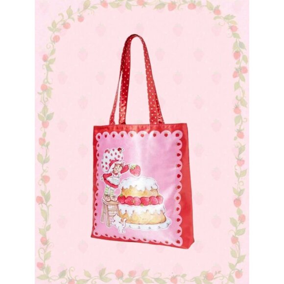 Strawberry Shortcake Satin Oversized Tote Bag – Cute Retro Cartoon Shopper Purse - Picture 2 of 4